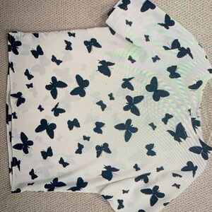 Alfred dunner blouse size 14 white black butterflies lightweight crepe summer